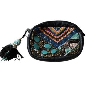 ecote Beaded Turquoise Wristlet Clutch Makeup Bag Boho Small Tassel Black Purse